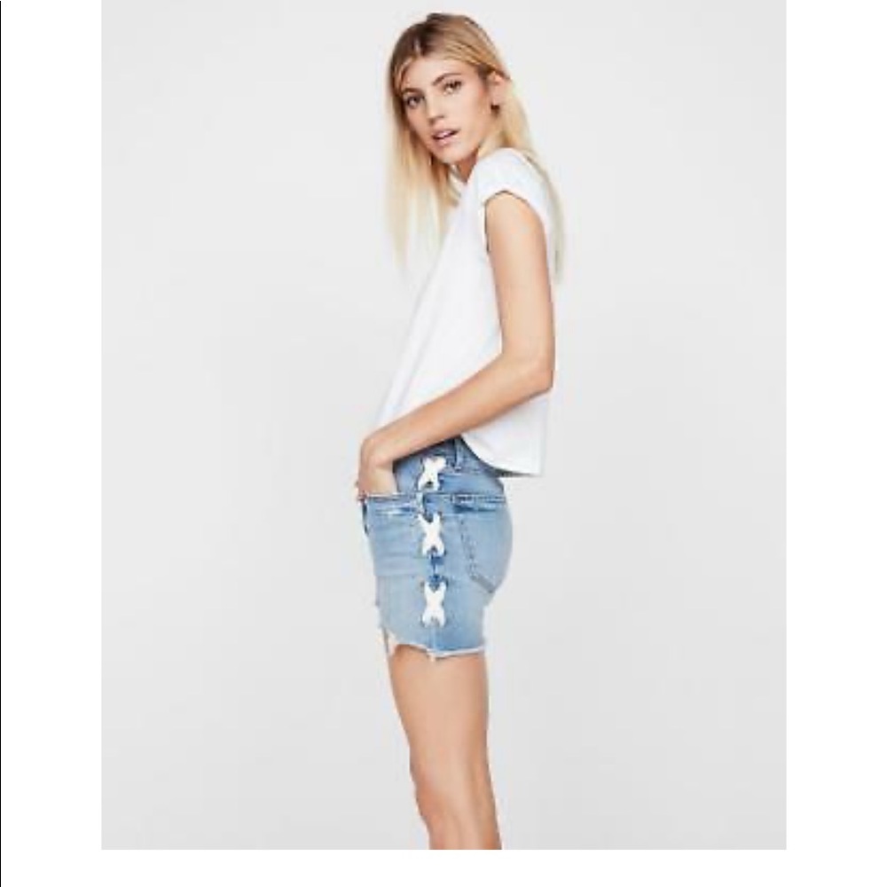EXPRESS High Waisted Lace Up Denim Shorts